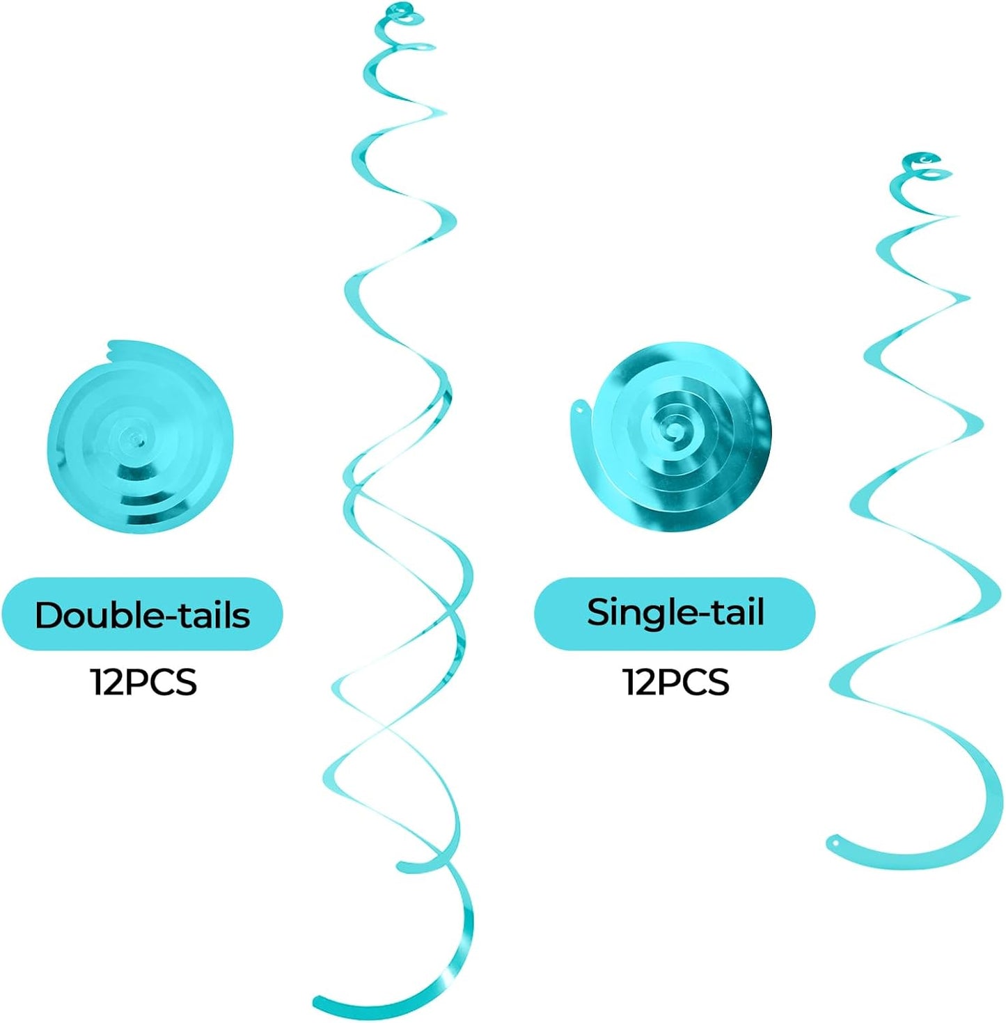 24 PCS Teal Hanging Swirl, Sparkle Ceiling Hanging Decorations, Plastic Streamer Party Decorations with Double-Swirls and Single-Swirls for Birthday Decorations, Graduation, Baby Shower