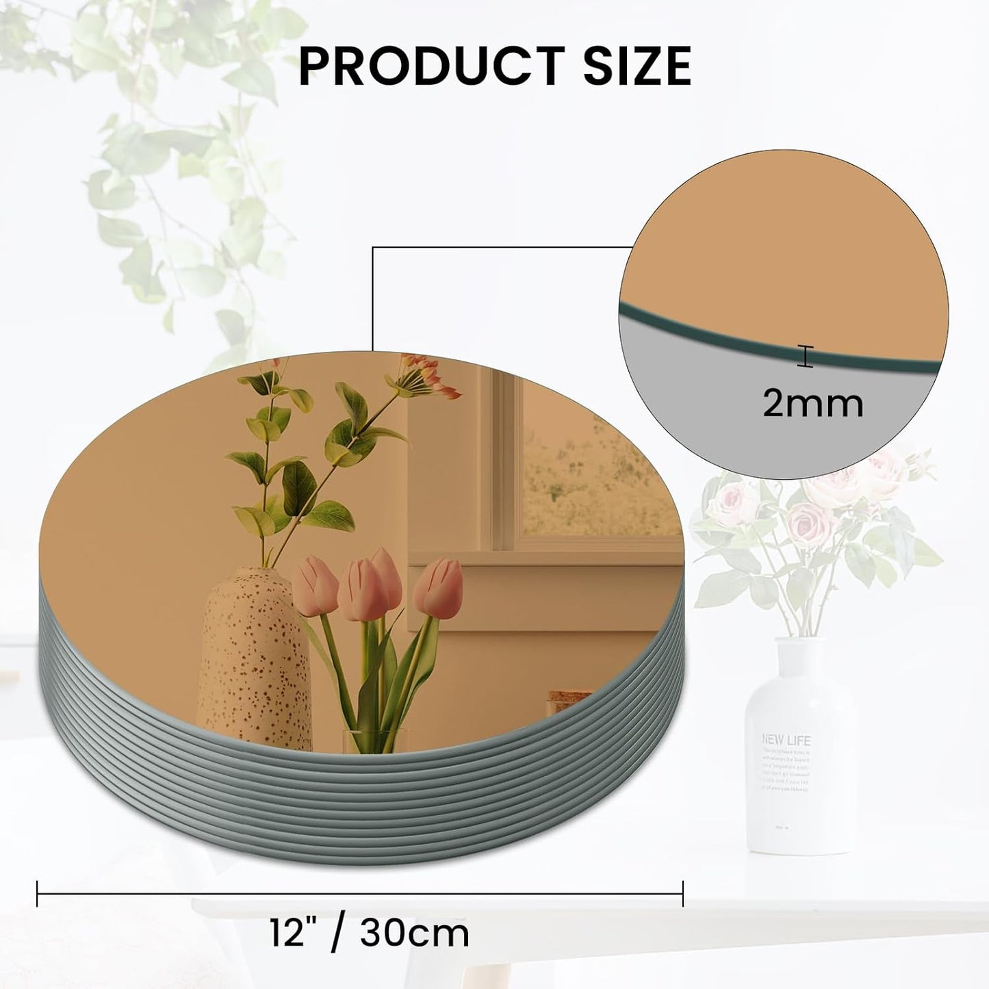 Glass Round Mirror Centerpieces for Tables, Set of 12Pcs 12" Golden Mirror Tables Centerpieces, Glass Trays for Wedding Decorations, Party Decorations, Baby Shower Party