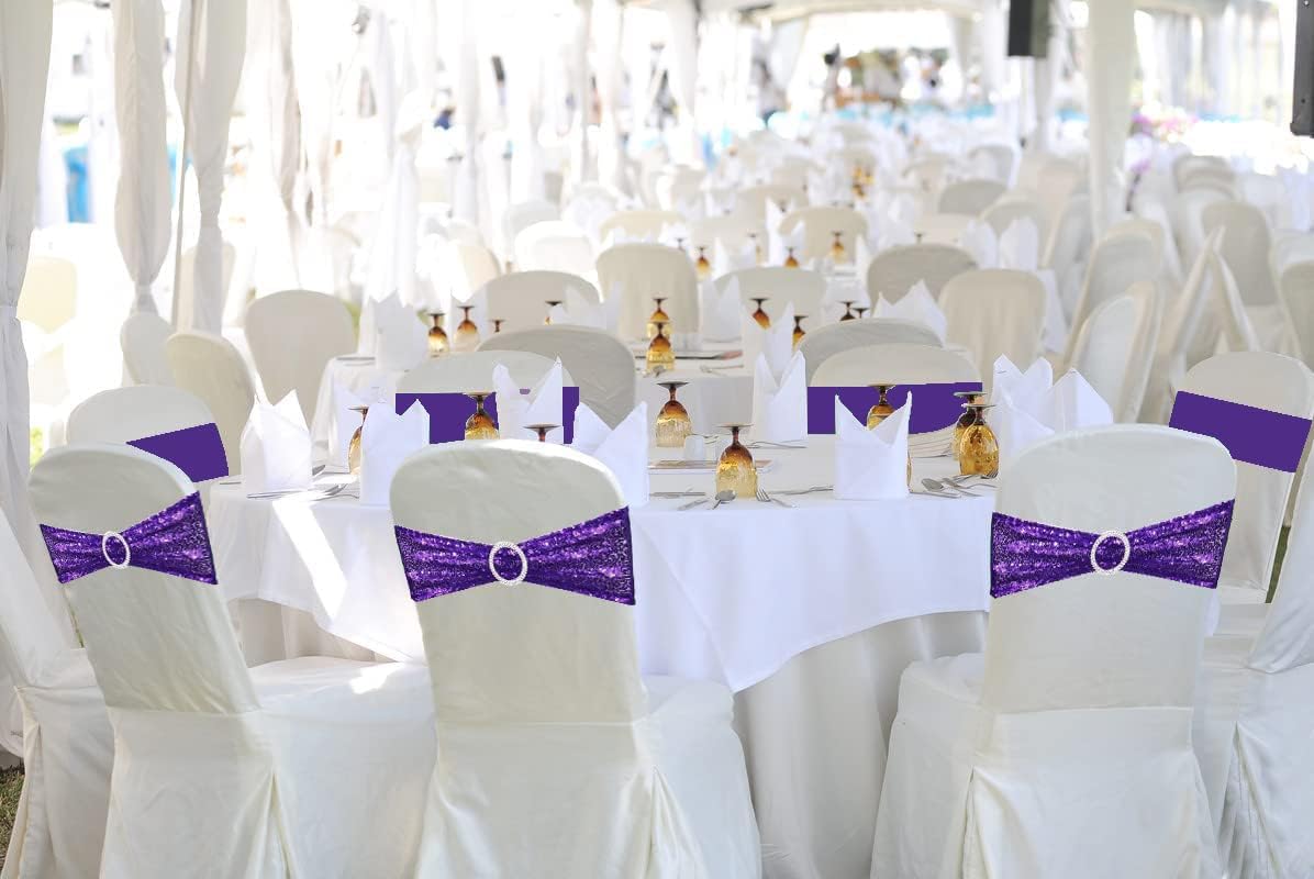 Chair Sashes Sequin Stretch Chair Bands Spandex Polyester Bows for Party Hotel Wedding Banquets Decoration - 6 Pcs Purple