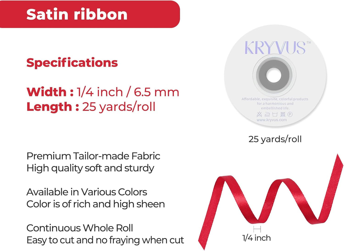 Red Satin Ribbon 1/4 inch X Continuous 25 Yards, Single Face Polyester Ribbon Perfect for Gift Wrapping, Flower Bouquet, Wedding Decor, Crafts, Bow Making, Sewing and More