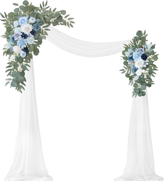 Artificial Wedding Arch Flowers Kit(Pack of 3),2Pcs Artificial Flower Arch Decor,1Pcs Sheer Drape for Wedding Ceremony Arbor for WeddingCeremony (Blue)