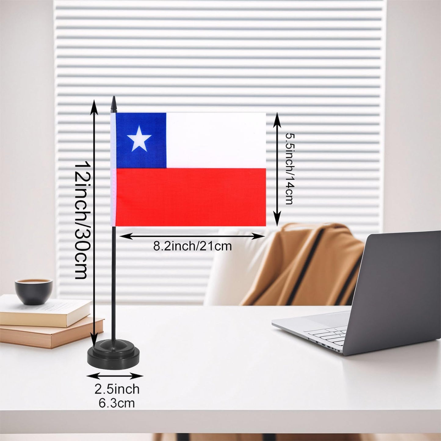 Chile Desk Flag 12" Solid Pole Deluxe Set Chilean Flags Banner Mini Small Chile Office Table Flags with Black Stand Base Desktop Decorations(2Pack)
