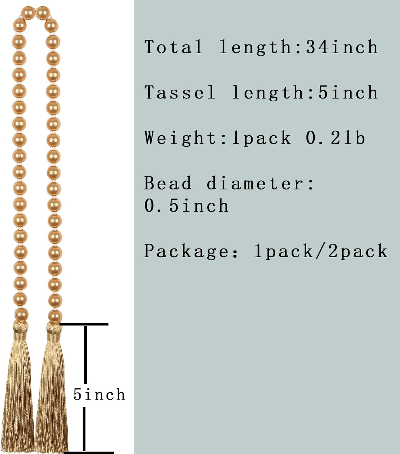 Fenghuangwu 34 Inch Pearl Glass Bead Garland with Tassels - Elegant Boho Table Decor, Fringe Wall Hanging for Wedding, Party, Farmhouse Rustic Prayer Bead Home Decoration(2 Pack,Champagne Gold)