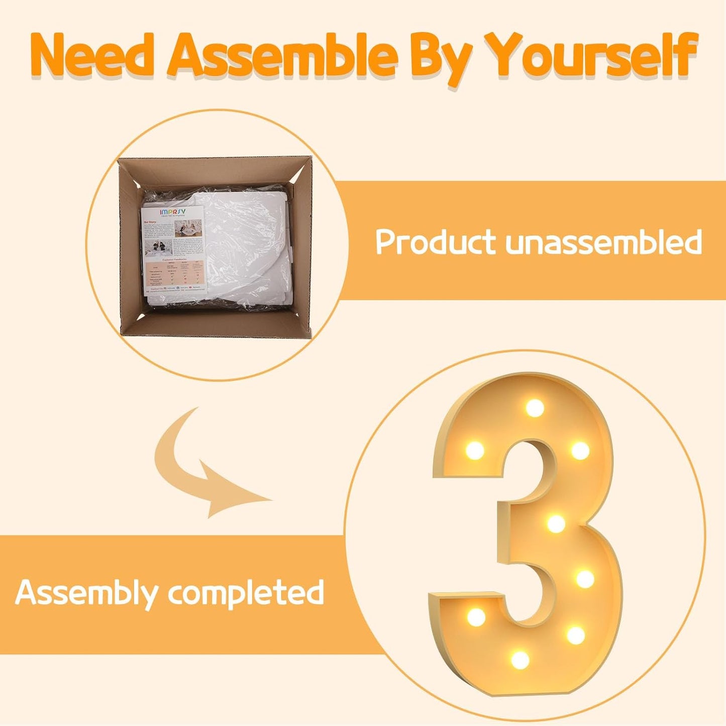 Marquee Numbers 3 Feet Tall Large Light Up Numbers 3th 13th 30th Three RexBirthday Decorations Girl Boy Big Yellow Light Outdoor Anniversary Decorations Balloon Arch Kit Party Backdrop 3