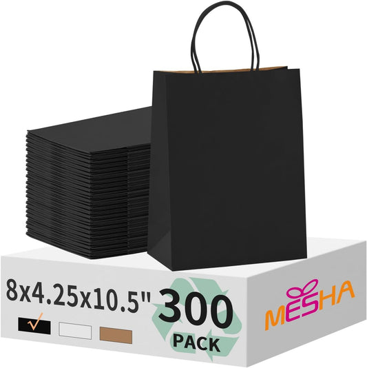 MESHA Gift Paper Bags 300 PACK 8x4.25x10.5'' Black Medium Shopping Kraft Bags Bulk with Handles Reusable for Business,Grocery,Birthday,Wedding,Kids Party,Favors