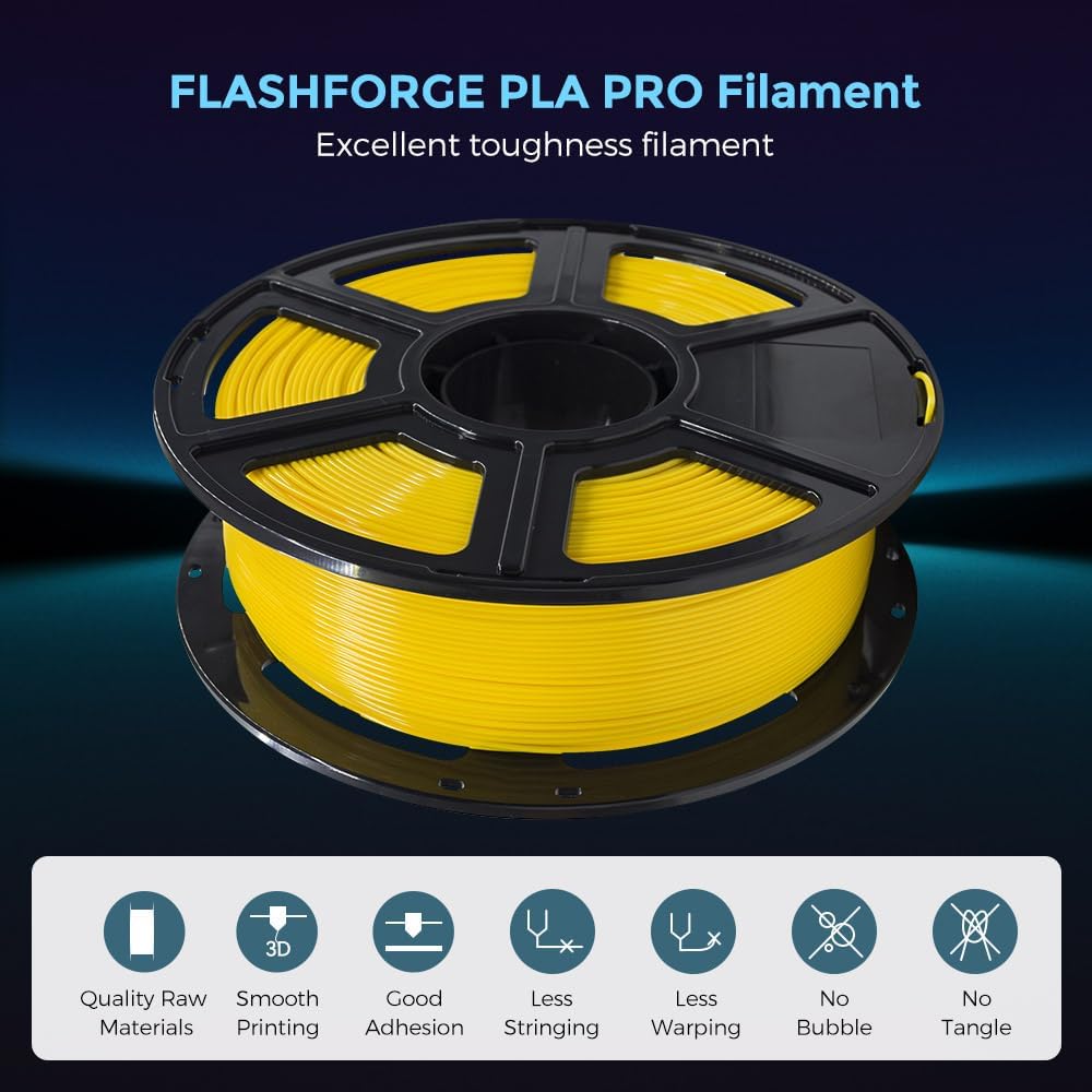 FLASHFORGE 3D Printer Filament, PLA PRO Filament 1.75mm, 1KG Spool (2.2lbs), Dimensional Accuracy +/- 0.02mm for FDM 3D Printers, Better Tenacity & No Knotting (Yellow)
