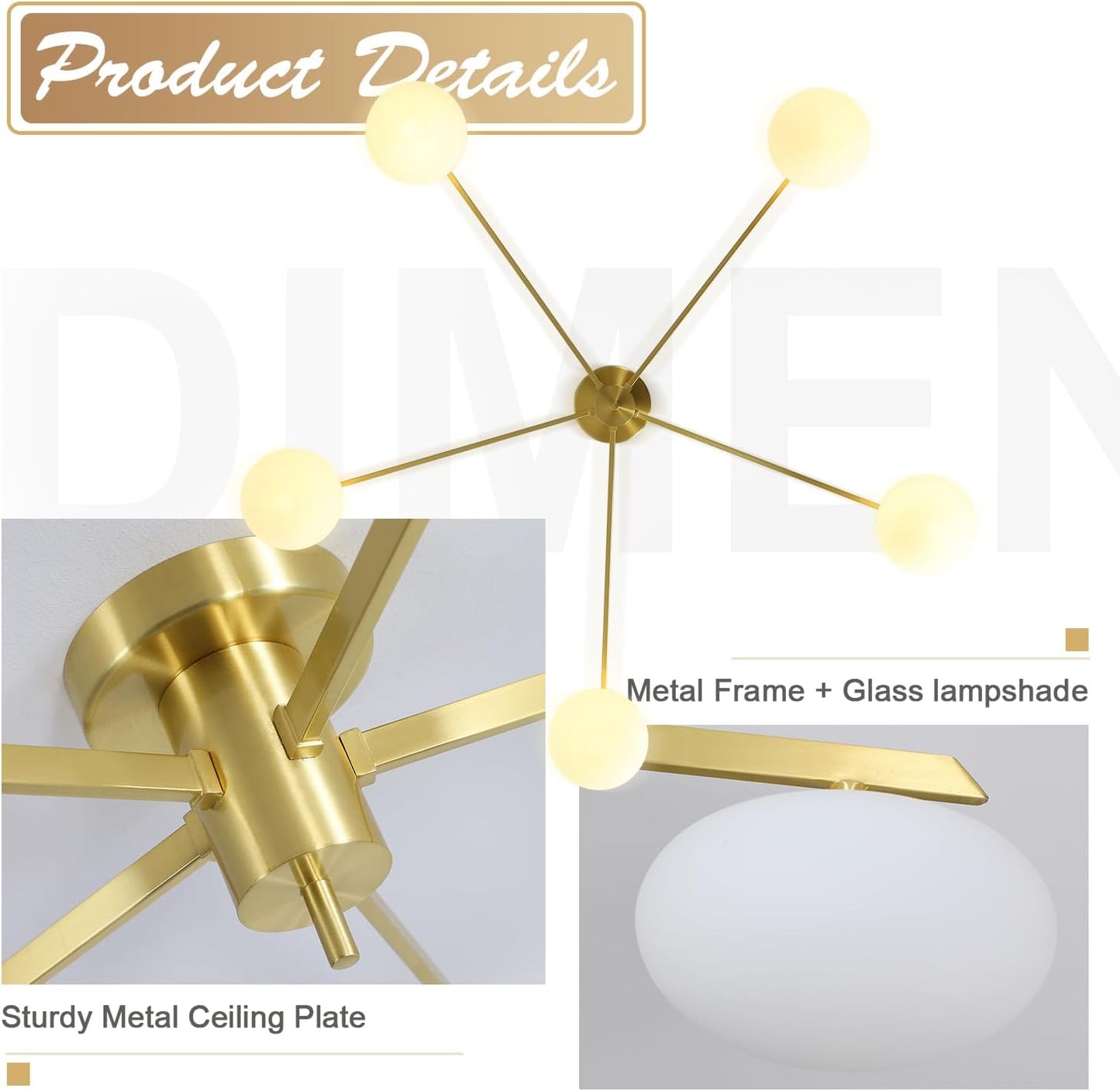 5 Lights Industrial Semi Flush Mount Ceiling Light Fixture Gold Modern Sputnik Chandelier Ceiling Light Fixtures Globe Sputnik Ceiling Lamp Glass Close to Ceiling Light Fixtures MCL05-GD