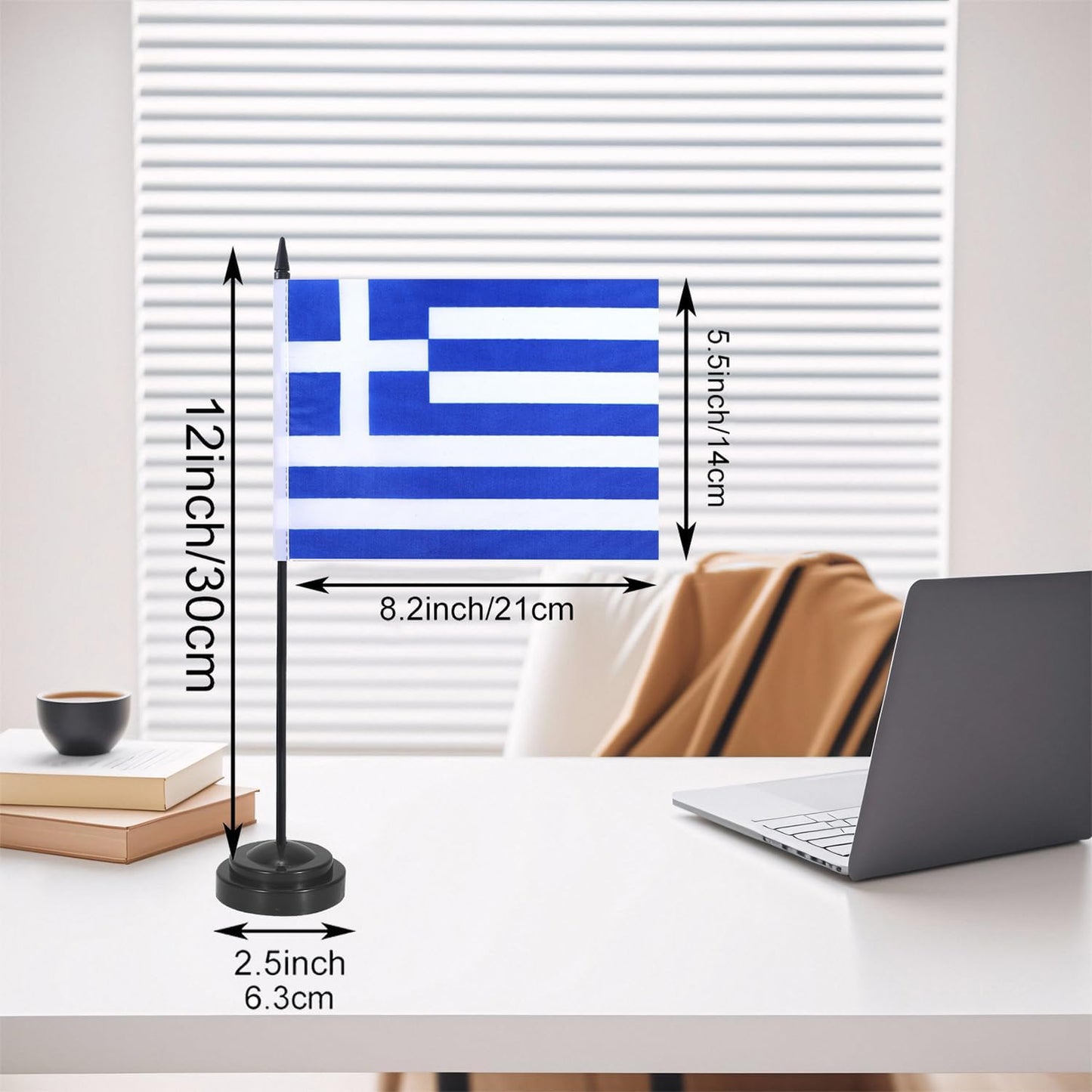 Greece Desk Flag 12" Solid Pole Deluxe Set Greek Flags Banner Mini Small Greece Office Table Flags with Black Stand Base Desktop Decorations(2Pack)