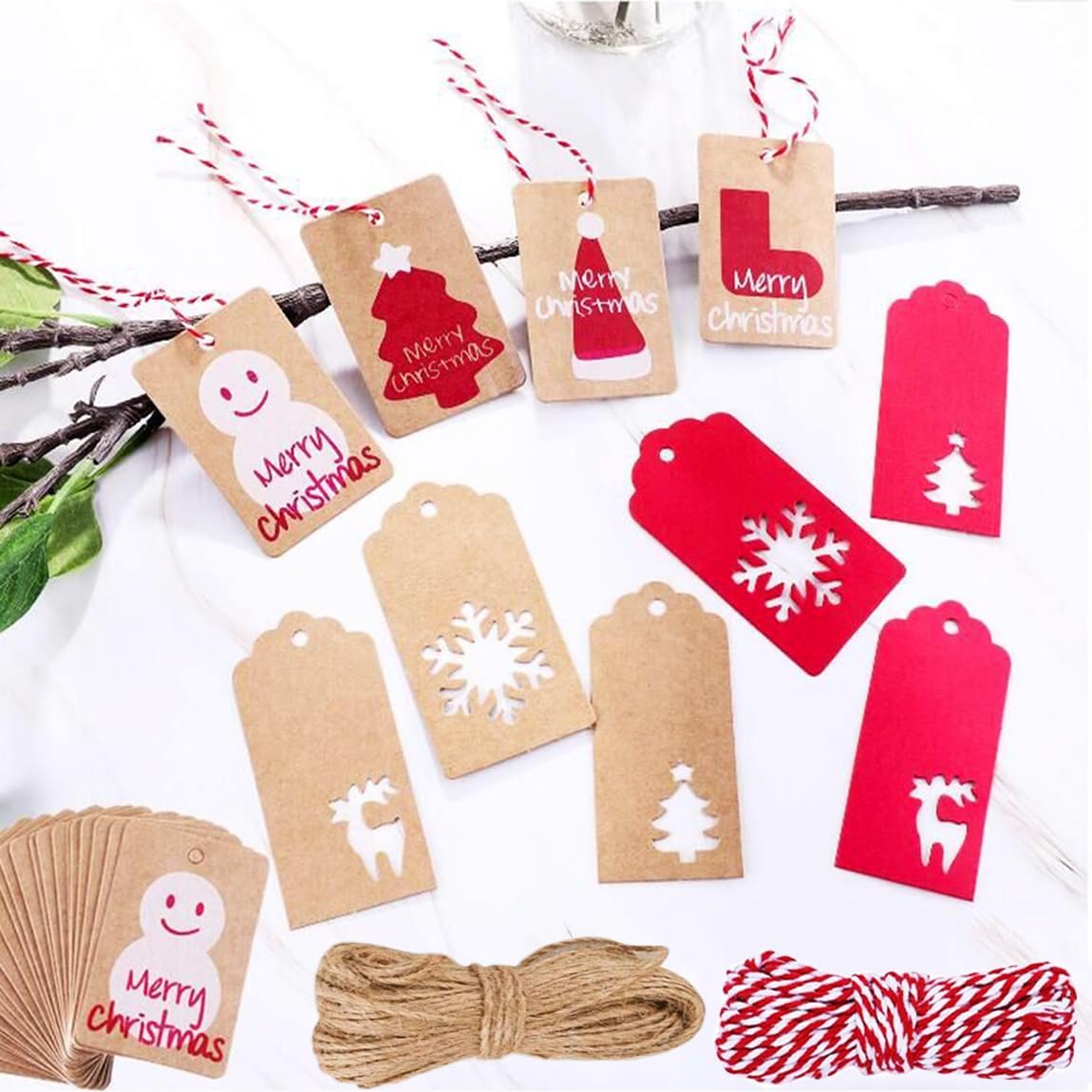 100 Pack Kraft Paper Christmas Gift Tags， Xmas Kraft Gift Tags with Jute Twine Baker Twine for DIY Xmas Holiday Present Wrap Stamp and Label Package Name Card