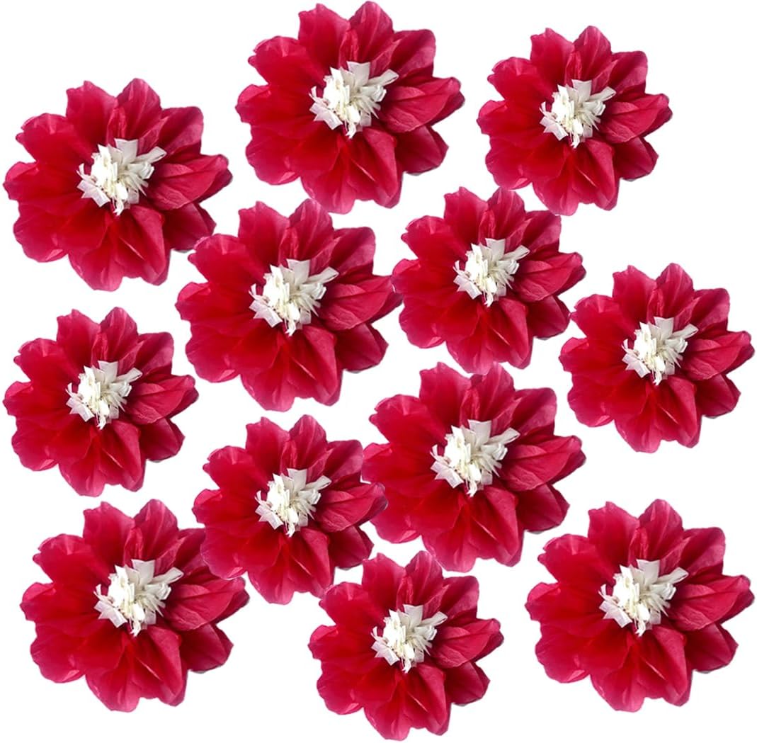 12pcs 8in 10in Paper Flowers Tissue Flowers Pom Paper Pom Poms Hanging Paper Flowers Wall Backdrop Wedding Party Flower Decorations DIY Art Craft Blooms for Birthday Baby Shower Nursey Decor red