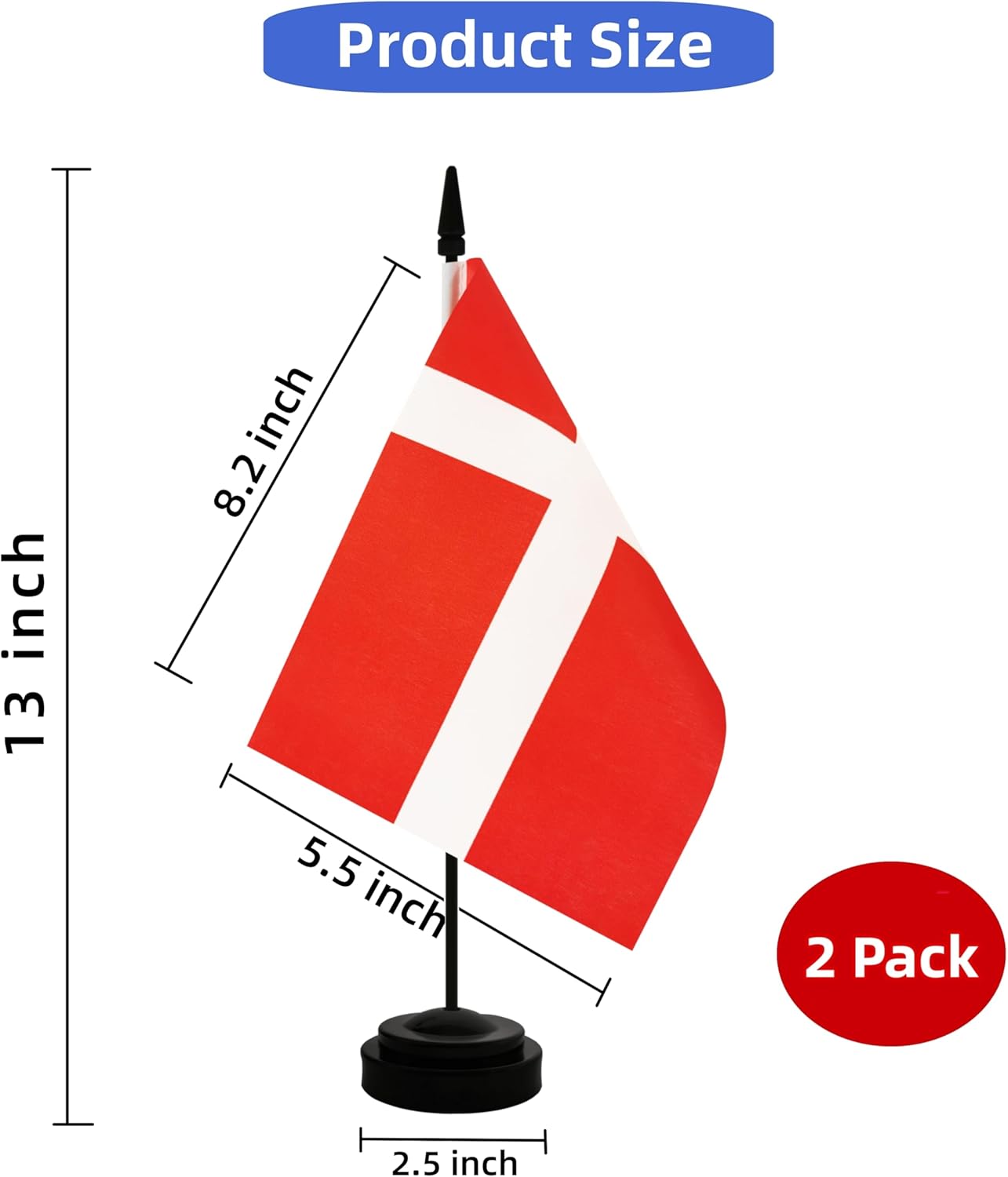 2 Pack Denmark Desk Flag, Danish Table Office Flag with Solid Pole and Stand Base, International Country Flag, Festival Celebration, Classroom Meeting Desktop Decoration (Denmark)