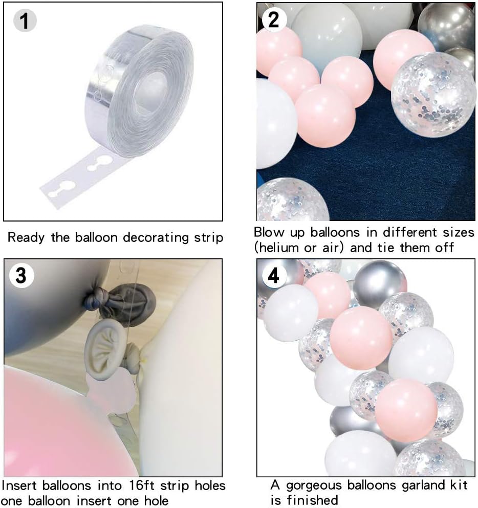 Silver Pink Balloons Garland Kit, 100pcs White and Silver Confetti Metallic Latex Balloons Arch with 16ft Tape Strip & Dot Glue for Girl Baby Shower, Birthday Party, Wedding, Anniversary Decorations