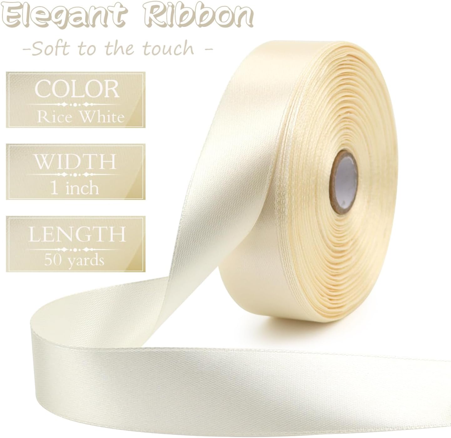 Rice White Solid Satin Ribbon 1 Inch 50 Yards Solid Polyester Fabric Ribbon for Gift Wrapping Wedding Christmas Baby Shower Birthday Party Decoration Handmade Immortal Flower Craft
