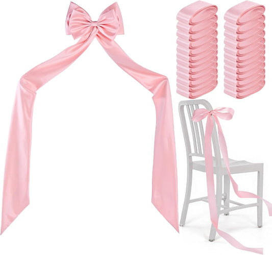 Big Bow with 24 Pcs Chair Ribbon Wedding Aisle Decorations, 78x18 inch Giant Bow for Backdrop Detachable Bow for Dress, Pew Bows Sashes for Chair Wedding Ceremony Outdoor Party (Pink)