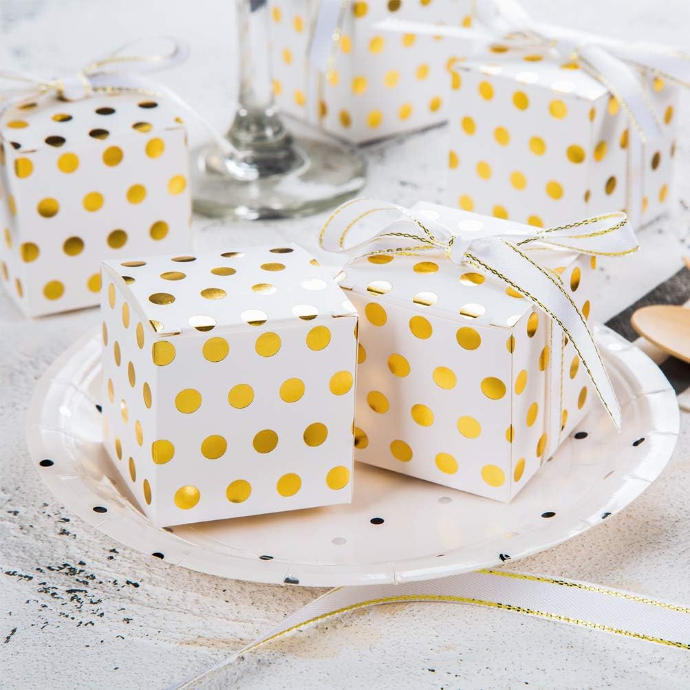 AWELL White Gift Candy Box Bulk with Gold Dots 2x2x2 inches with Ribbon Party Favor Box, Gold Dots, Pack of 50
