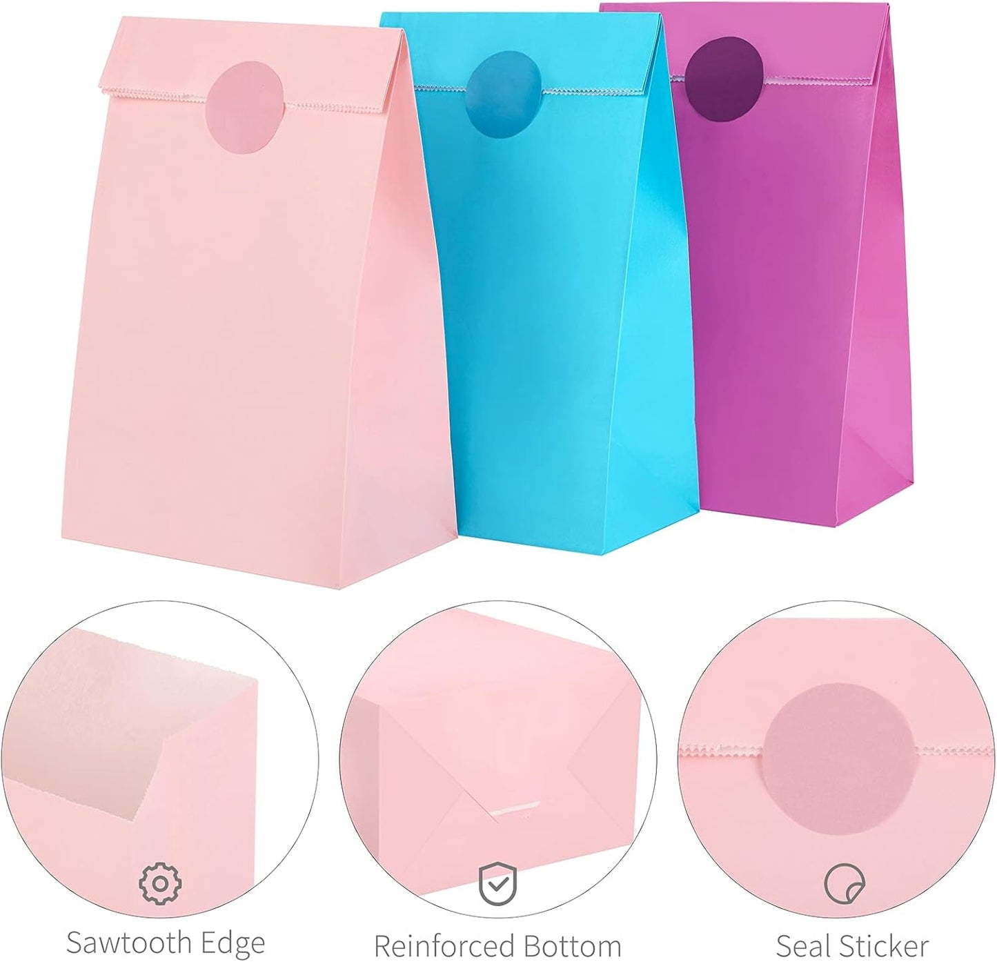 Cooraby 30 Pieces 5.1 x 3.1 x 9.4 Inches Colorful Kraft Paper Bags with 48 Stickers Party Treat for Wedding, Celebration, Birthday Party Supplies (Sky Blue, Light Purple, Pink)