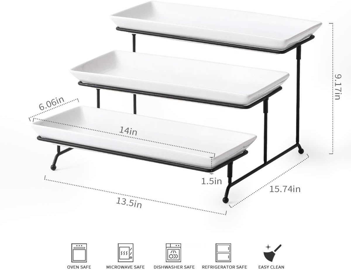 YHOSSEUN 3 Tier Serving Stand Tiered Tray Stand with 3 Porcelain Serving Platters Trays for Dessert Server Display Collapsible Sturdier Metal Rack 14 inch