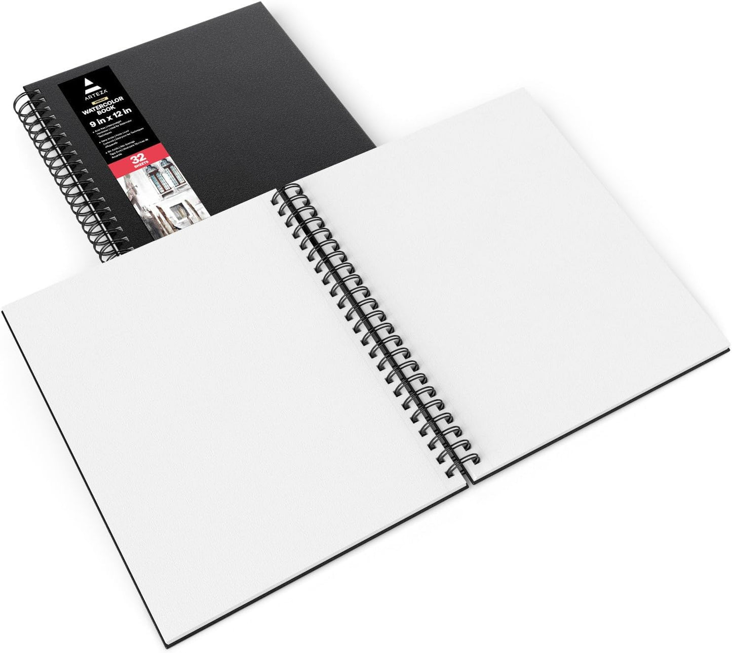 ARTEZA Watercolor Sketchbook 2-Pack, 64 Pages Each, 9x12 Inches – Spiral-Bound, 140 lb Cold Press Paper, Black Hardcover for Watercolor & Mixed Media