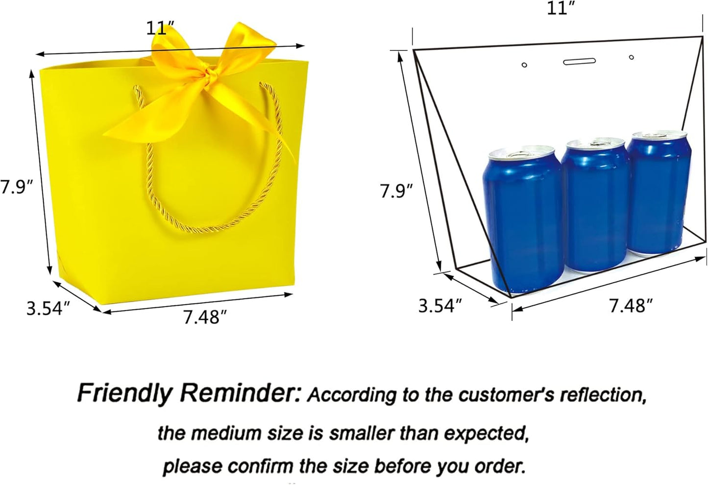 HUAPRINT Gift Bags with Handles,7.48×3.54×7.9 inches,Party Favor Bags with Bow Ribbon,12Pcs Yellow Paper Bags for Birthday Wedding Bridesmaid Present Celebration Holiday