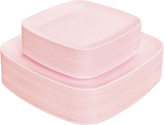 PULOTE 60PCS Pink Square Plastic Plates Disposable - Premium Quality Pink Set Include 30 Dinner / 30 Dessert Plates for Party,Wedding & Mother’s Day