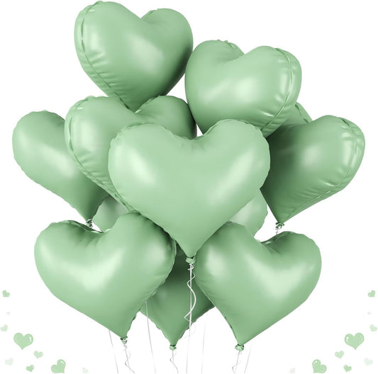 20 Inch Sage Green Heart Balloons, 10 Pcs Heart Shaped Foil Balloons, Pastel Green Helium Balloon for Valentine Bridal Shower Anniversary Wedding Birthday Party Decorations
