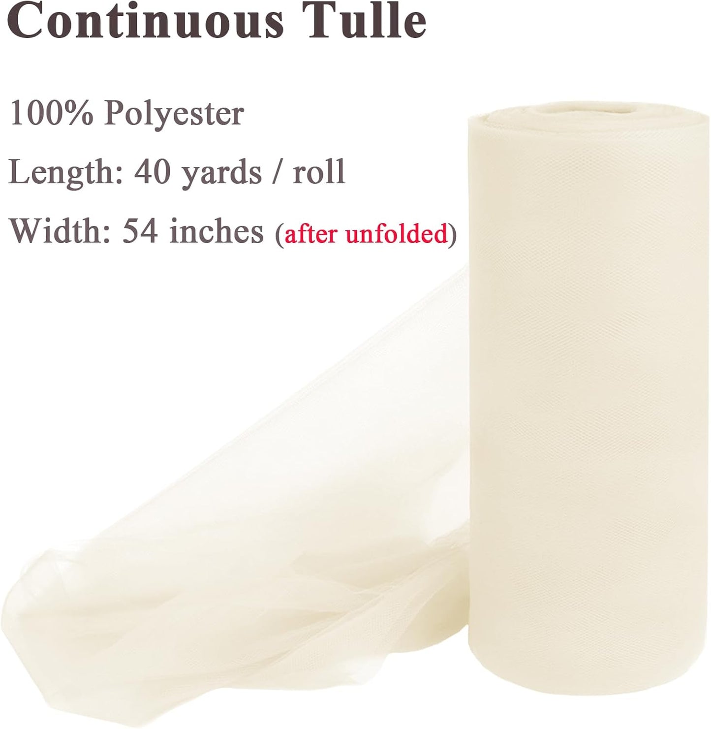 Ivory Tulle Fabric Rolls 54 Inch x 40 Yards Large Mesh Tull Bolt for Wedding, Garden Netting, Tutu Skirt, Party Decoration and Craft Supplies