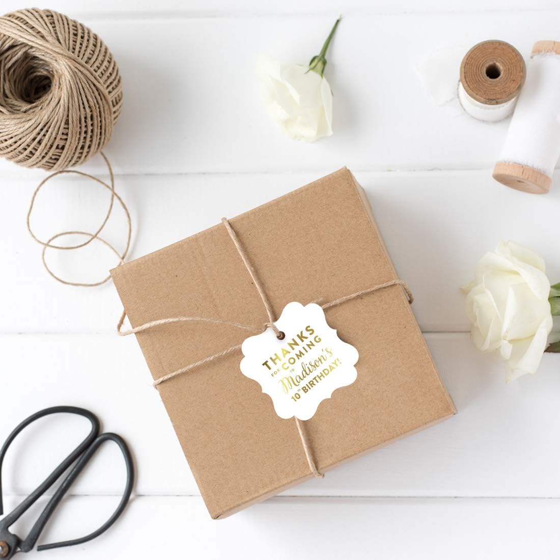 Andaz Press Personalized Fancy Frame Square Birthday Gift Tags, Metallic Gold Ink, Thanks for Coming to Madison's 10th Birthday Block Style, 24-Pack, Custom Made Name Age