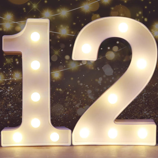 Pooqla Decorative LED Light Up Number Letters, White Plastic Marquee Lights Sign for 12th Birthday Party Wedding Decor, Battery Operated (12)