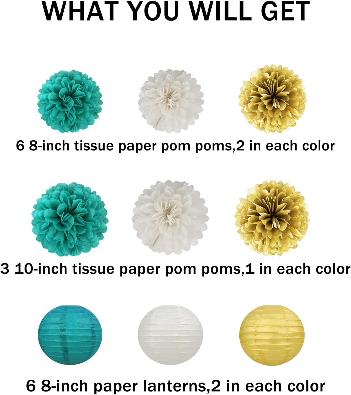 White Gold Teal Party Decorations – 15Pcs Tissue Paper Flowers Pom Poms Paper Lanterns for Women Birthday Party Decoration Baby Shower Bridal Shower Bachelorette Engagement