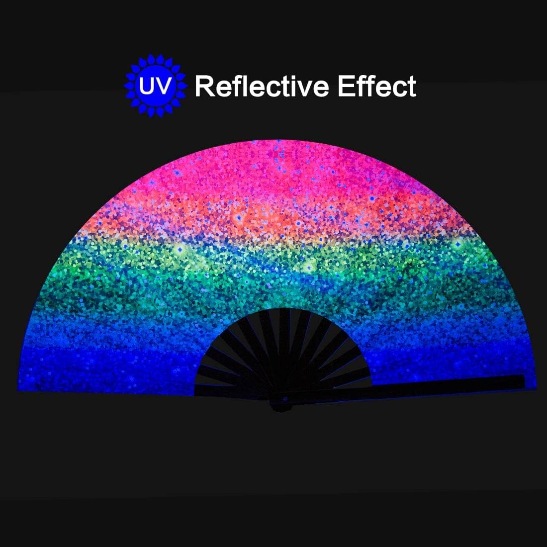 UV Glow Rave Fan, Bamboo Folding Clack Hand Fan for Men Women (Glitter Rainbow, Large 13")