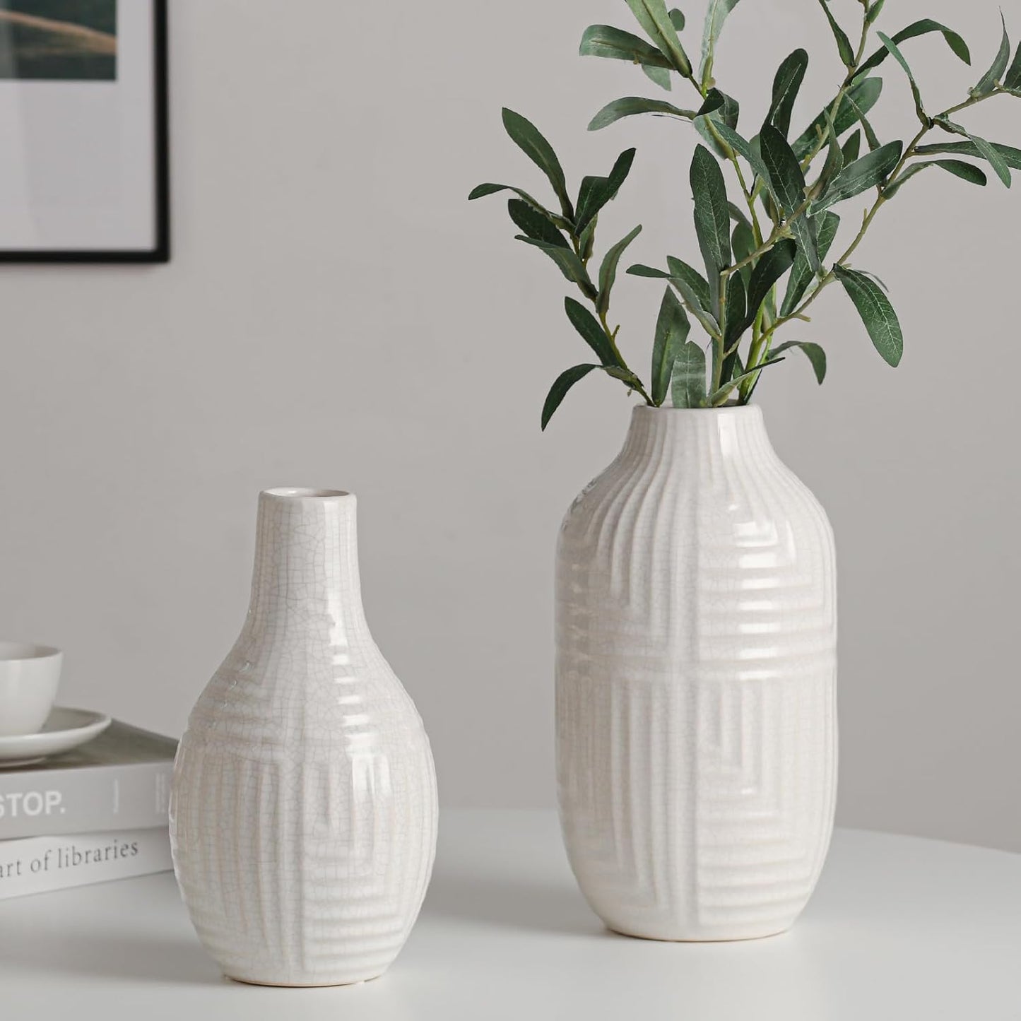 hjn White Ceramic Vase for Home Decor - Modern Vases for Living Room/Bookshelf/Mantel - 10.6" H