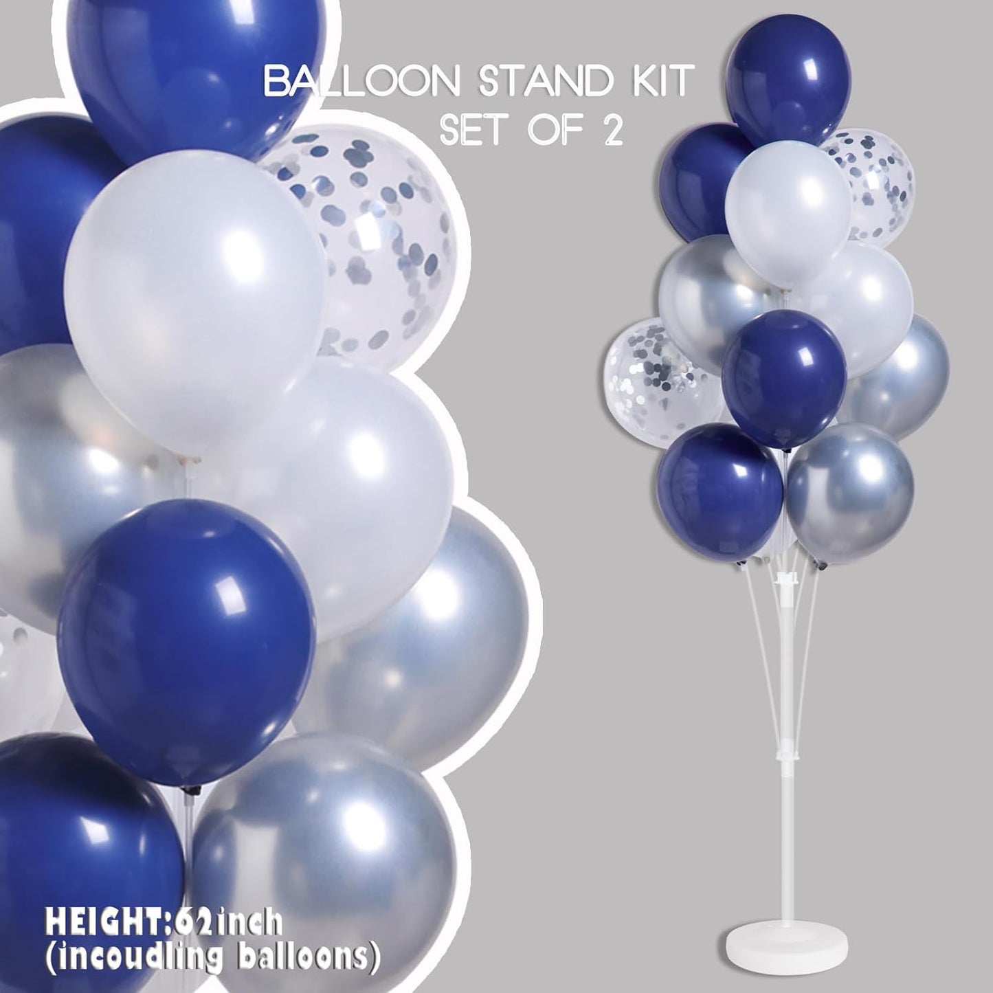 Navy Blue Silver Confetti Balloon Column Kit Set of 2 Included-Balloon Column Stand with Base&Pole,Backdrop Decoration for Metallic Chrome Wedding, Baby Shower, Birthday,Gaduation Party Decoration