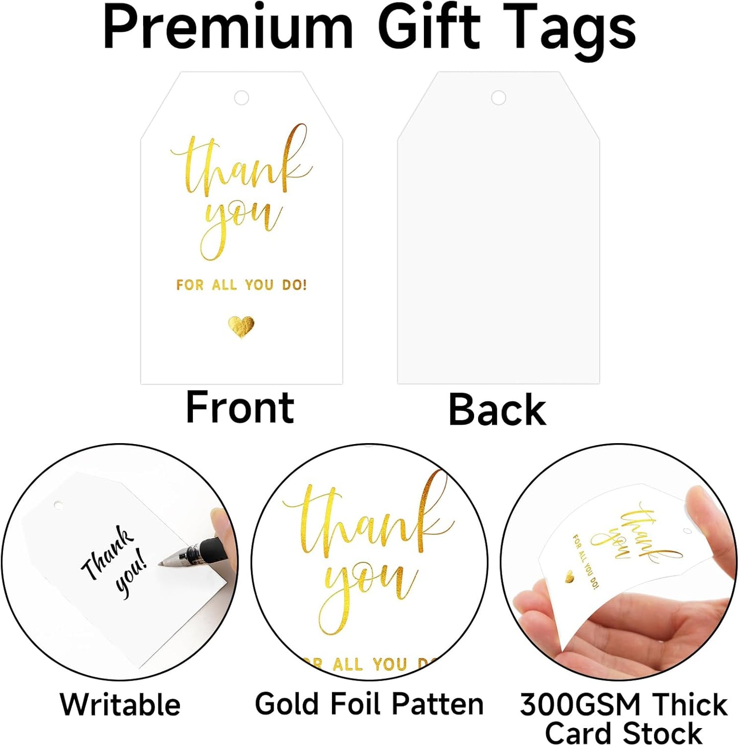 joycraft Thank You for All You Do Tags - 50Pcs Gold Foil Thank You Gift Tags with String, 3.3x2.2in Paper Gift Wrap Hangtags for Wedding, Teacher Appreciation, Mother's Day Thanksgiving, Christmas
