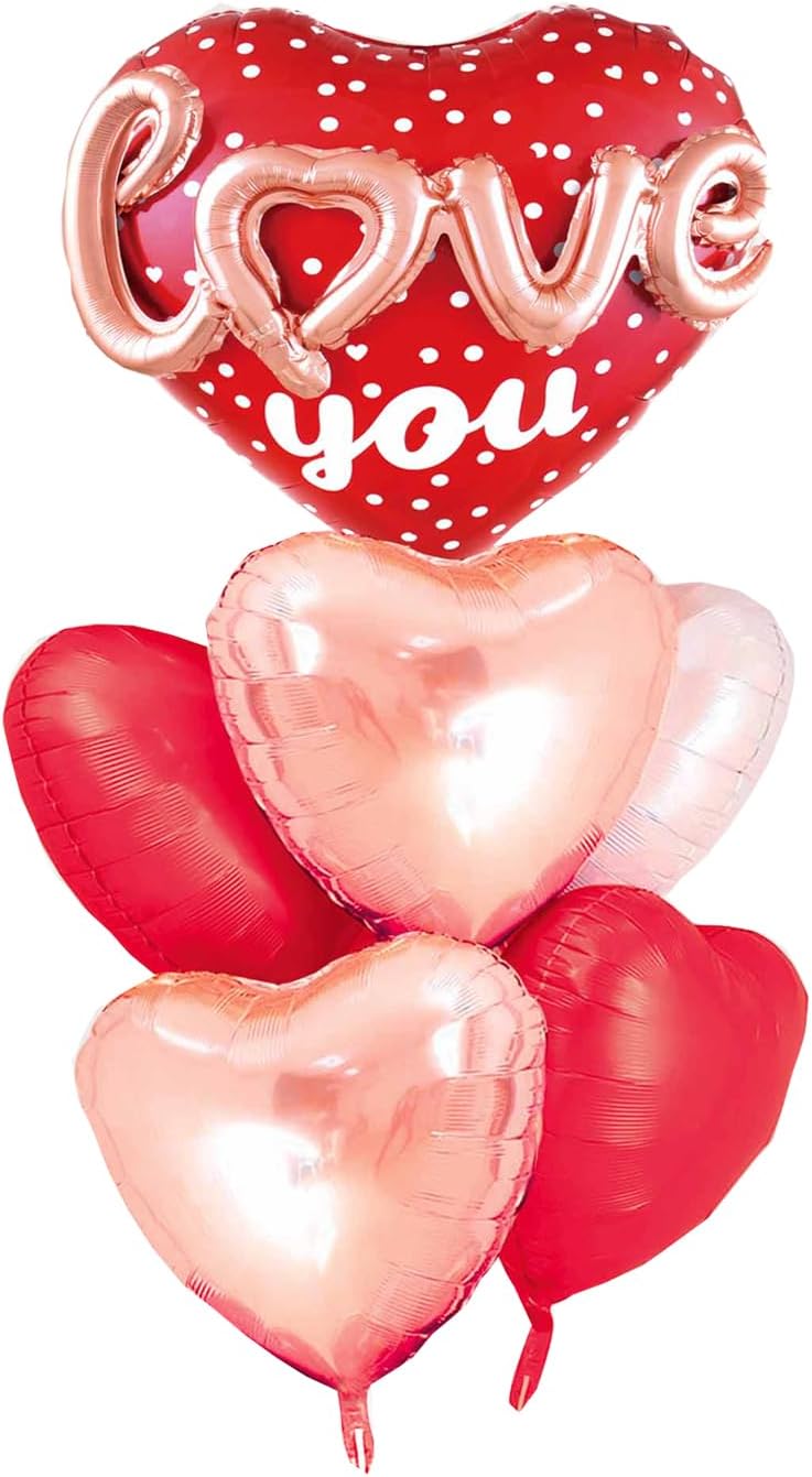 Red Heart Shape Rose Gold Love You Balloons Pack Of 6 Foil Helium Mylar Balloons For Valentines Day Mothers Day Wedding Anniversary Decorations Bridal Shower Birthday Party