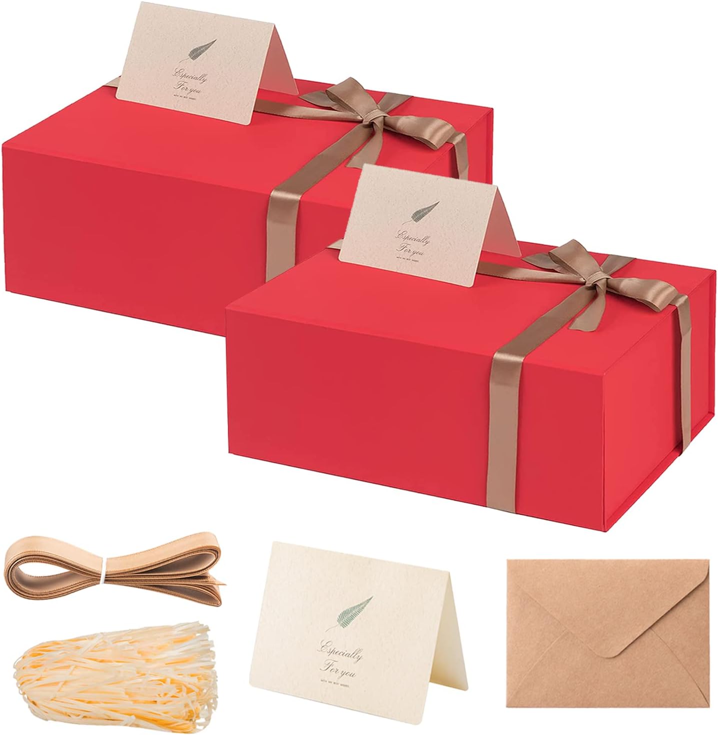 LIFELUM Christmas Gift Boxes 2 Pack 13.85 x 8.35 x 4.45 inch Large Gift Boxes with Magnetic Lids for Presents Red Gift Boxes Valentine's Gift Box Contains Card, Ribbon, Shredded Paper Filler