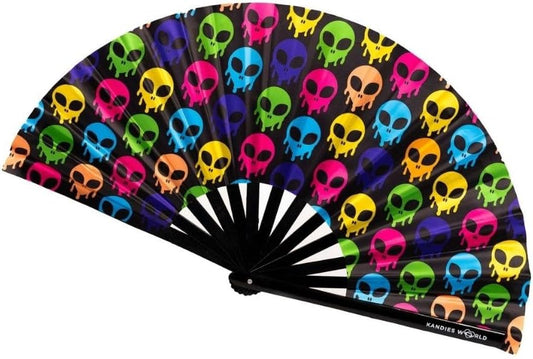 Kandies World UV Reactive Custom Festival Folding Hand Fan - Unique Designs, Made of Bamboo, Clacking Sound, Lightweight - Perfect Rave and Festival Accessory!