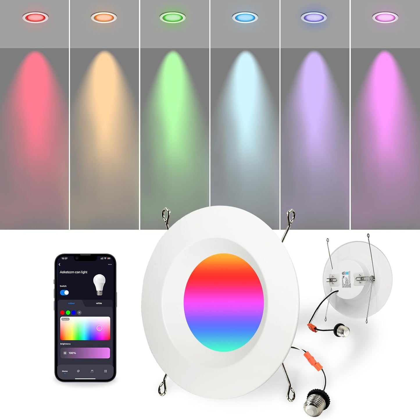 6 inch Smart LED Can Lights with Remote, RGB Color Changing LED Recessed Lighting, 13W 1050LM Bluetooth Baffle Trim Downlight, Compatible with Alexa, Google Home and Siri, 1 Pack