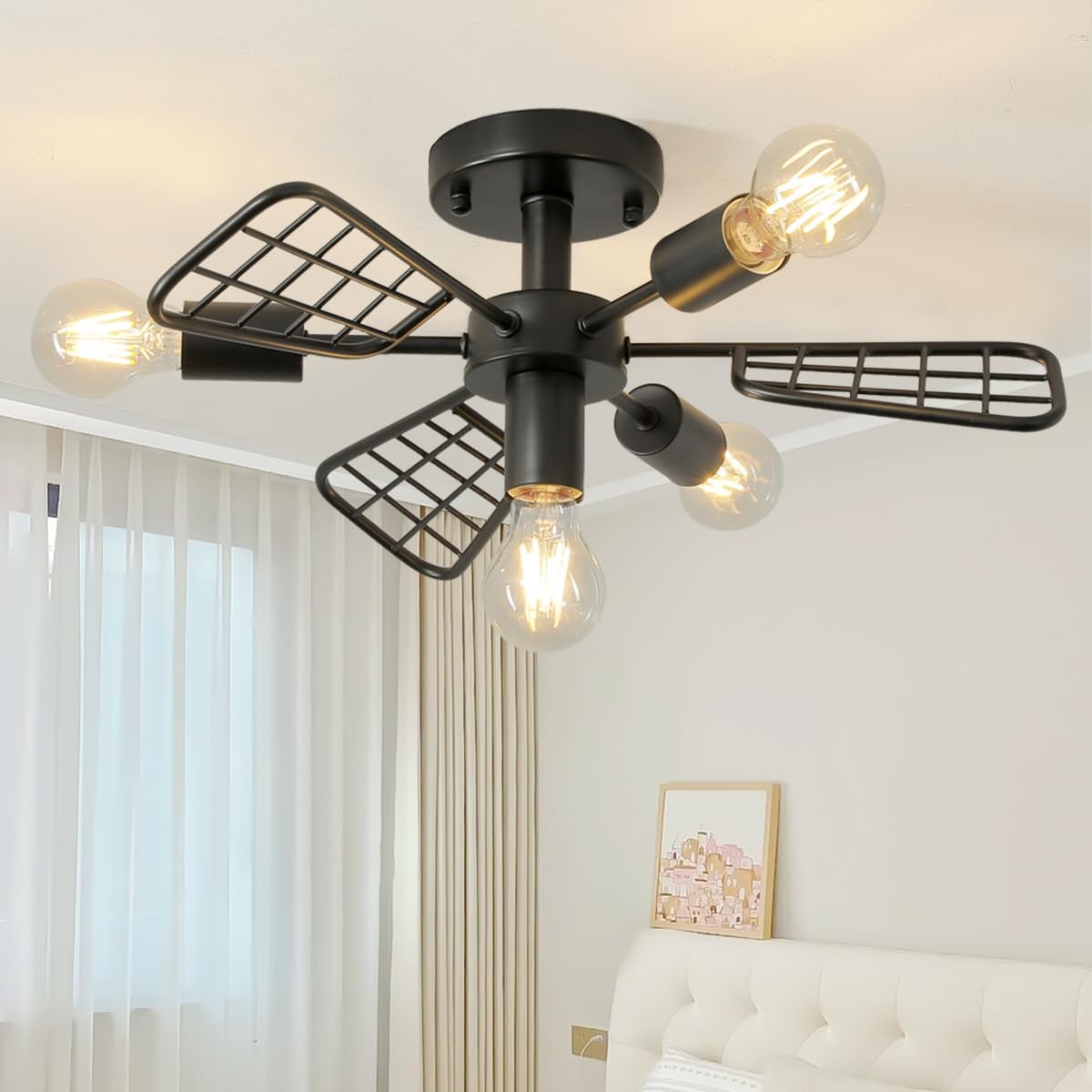 Modern Farmhouse Chandelier,21 Inch Black Metal Geometry Rustic Vintage Semi Flush Mounted Ceiling Light Fixture for Dining Room Bedroom Kitchen Island Hallway Foyer Entryway(4-Light)