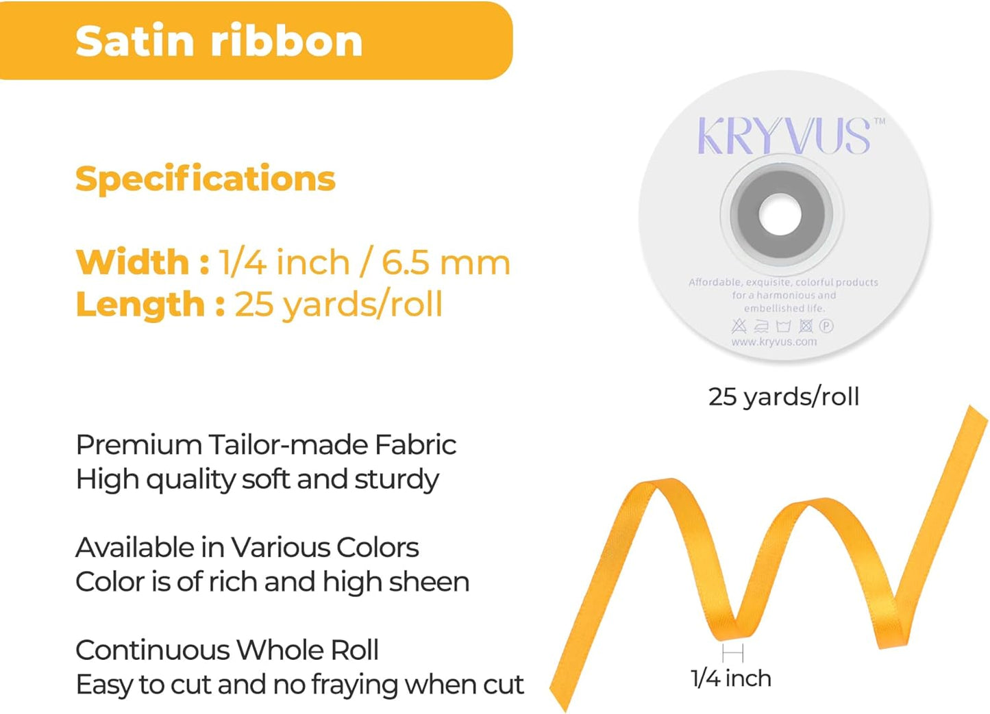 Yellow Satin Ribbon 1/4 inch X Continuous 25 Yards, Single Face Polyester Ribbon Perfect for Gift Wrapping, Flower Bouquet, Wedding Decor, Crafts, Bow Making, Sewing and More