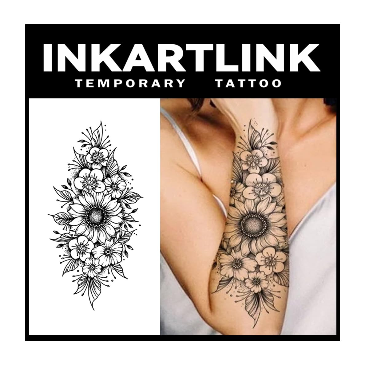 INKARTLINK Tattoo Tech, 2 Sheets Extra-Large Semi Permanent Tattoo, Adult Art Design Temporary Tattoos, Lasts 1-2 Weeks, Waterproof, Realistic Look, No Adhesive, No Reflection (Flower Design)