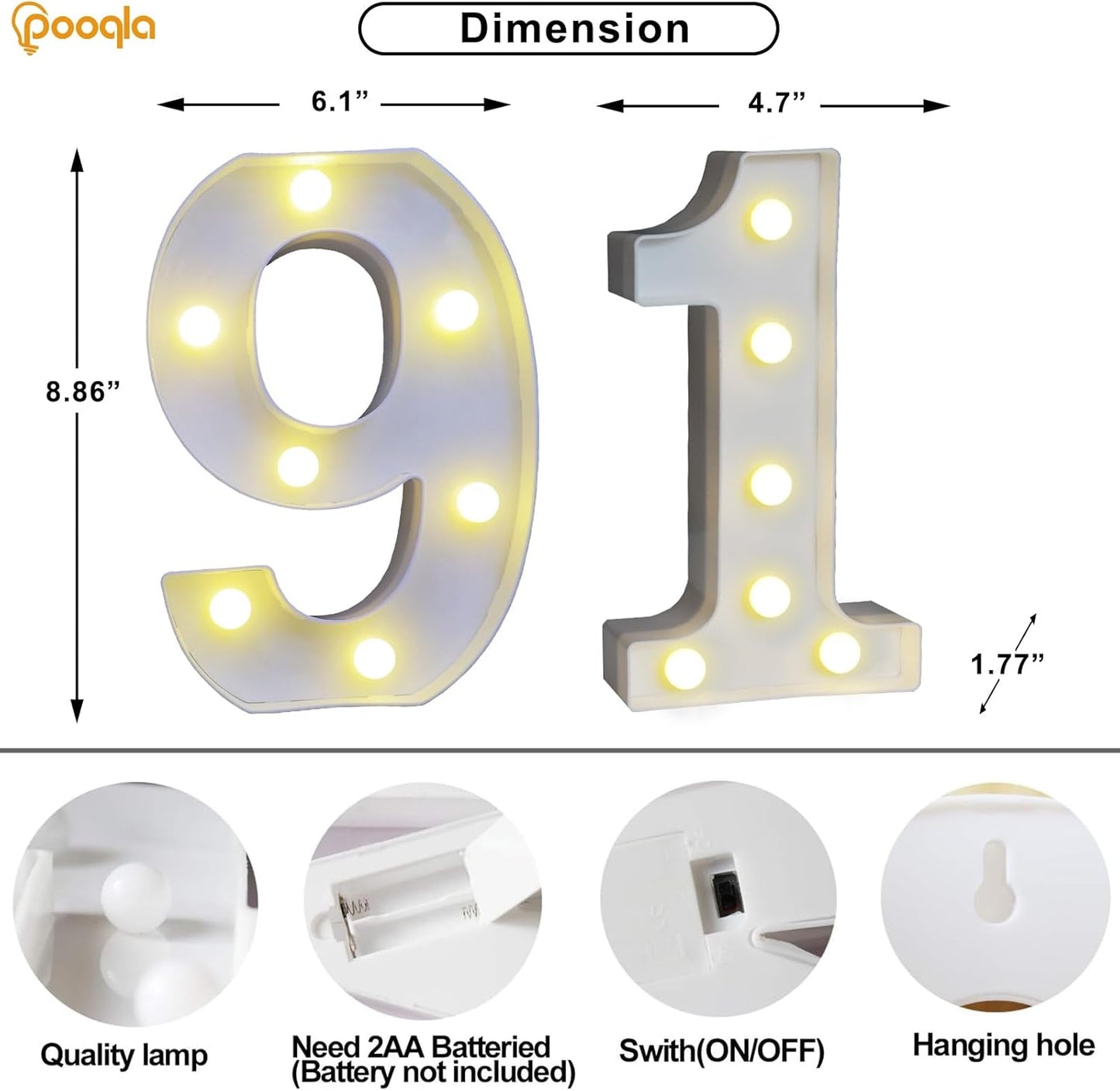 Pooqla Decorative LED Light Up Number Letters, White Plastic Marquee Number Lights Sign for 91th Birthday Party Wedding Decor, Battery Operated