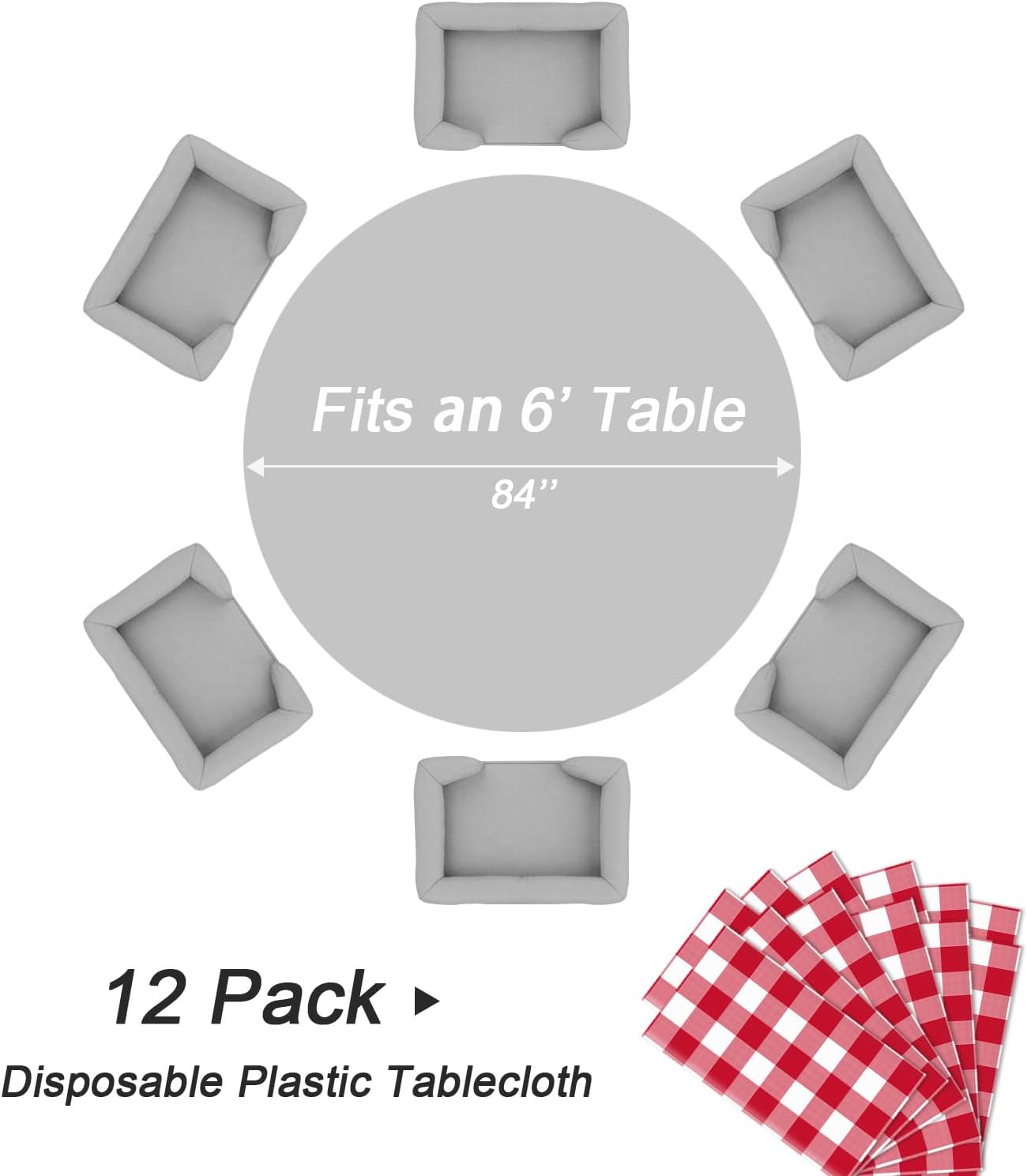 QIKSION Red Gingham Round Tablecloth 12 Pack, 84 Inch Plastic Checkered Table Cover Disposable for Parties