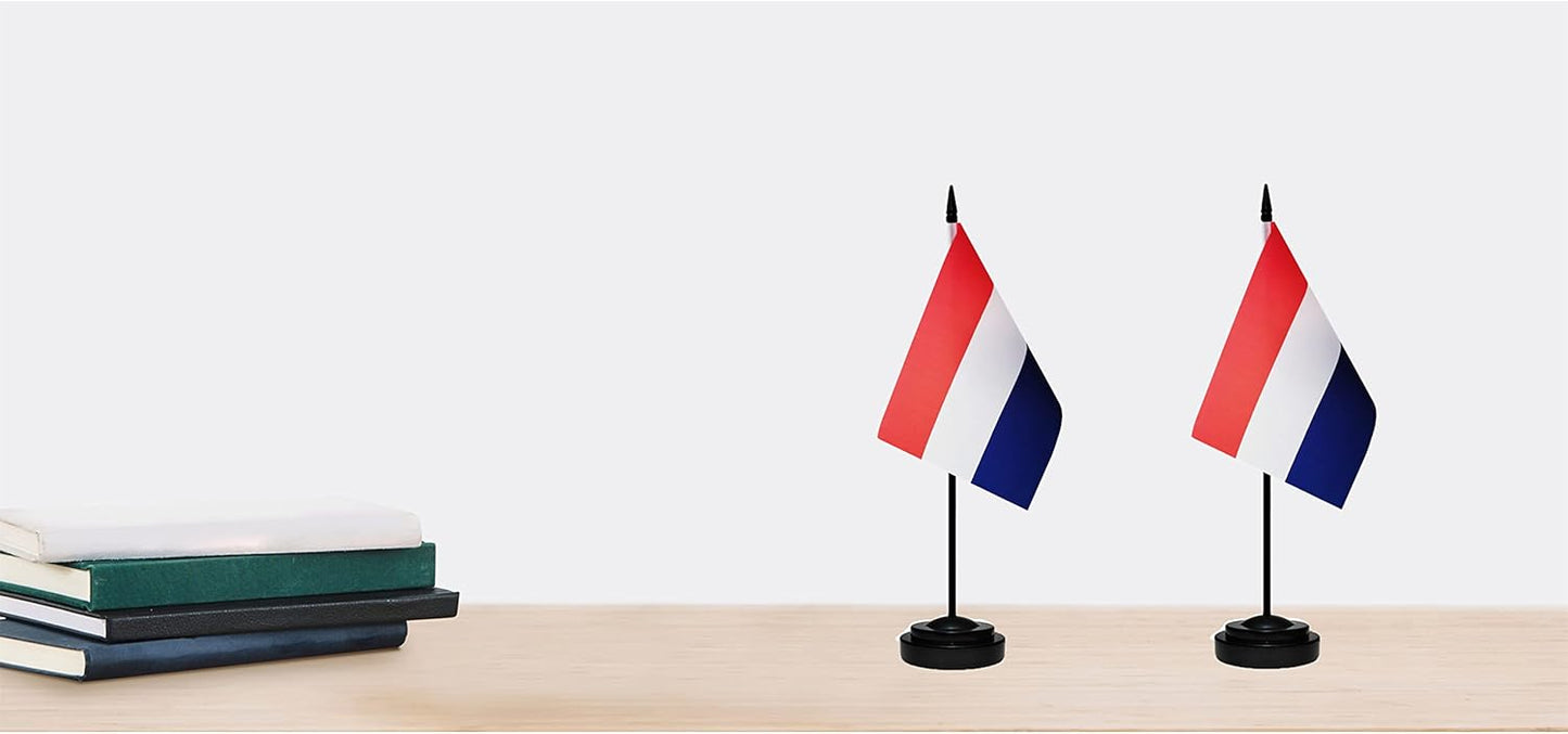 Netherlands Dutch Deluxe Desk Flag Set, Small Mini Miniature Netherlands Dutch Table Desktop Flags With Solid Pole, Black Base and Spear Top(2 Pack)