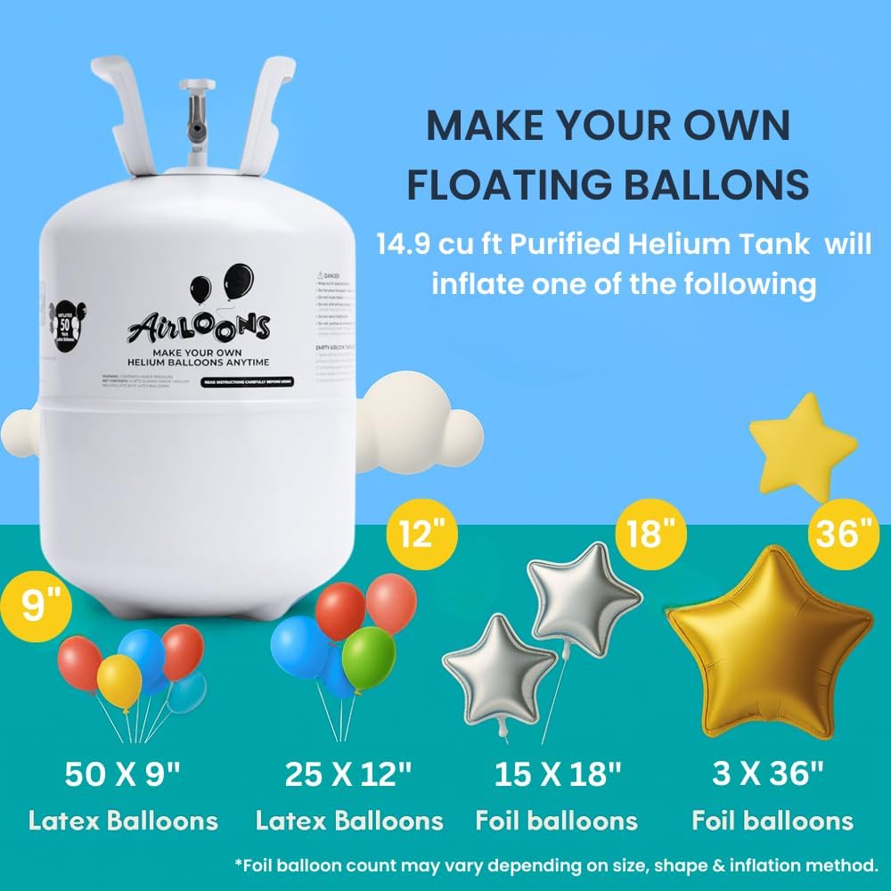 Airloons Helium Balloon Kit with 4 Pack 14.9 Cu Ft Tank - Includes 200 Multicolor 9 in Latex Balloons, Ribbon & Easy to Fill Nozzle - Easy Setup for Birthdays, Weddings, Baby Showers, DIY Party Décor