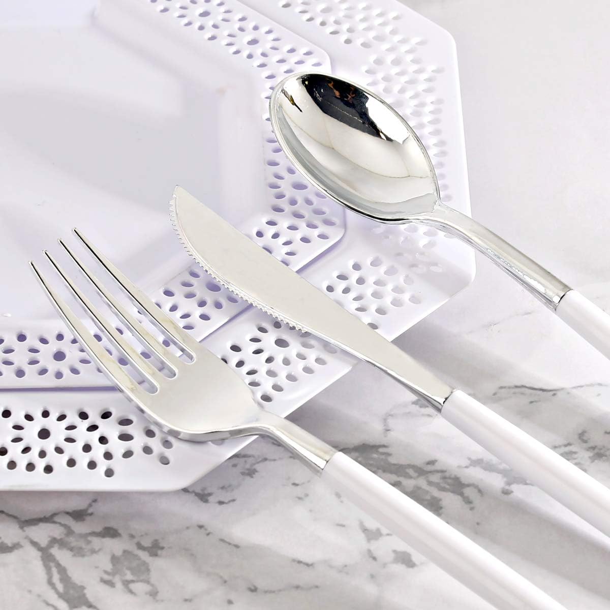 WELLIFE 144 Pack Silver Plastic Cutlery, Disposable Silver Flatware Includes： 48 Forks, 48 Knives and 48 Spoons, Suitable for Parties and Wedding for Wedding