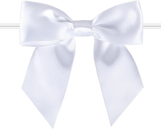 114 Pack Twist Tie Bows for Treat Bags 3" White Satin Ribbon Bows for Package Craft, Gift Wrapping Decoration, Candy Bags, Bakery Bags, Wedding, Baptism, Tableware Decor Party Decoration