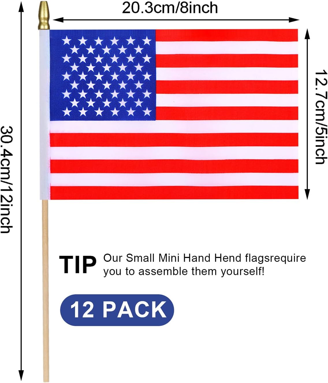 12Pcs Small American USA Flags on Wooden Stick Mini United States Flag Hand Held Flag Decorations,5x8 Inch