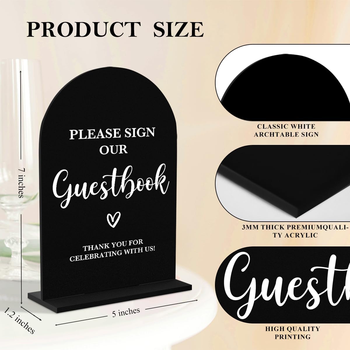 4 Pcs Acrylic Wedding Signs for Ceremony and Reception, Bridal Shower Decorations, Cards and Gifts Signs, Guest Book Sign, Arch Acrylic Table Top Sign with Holder for Wedding Reception (Black)