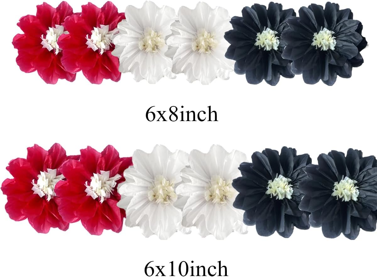 12pcs 8in 10in Paper Flowers Tissue Flowers Pom Paper Pom Poms Hanging Paper Flowers Wall Backdrop Wedding Party Flower Decorations DIY Art Craft Blooms for Birthday Baby Shower Decor White red Black