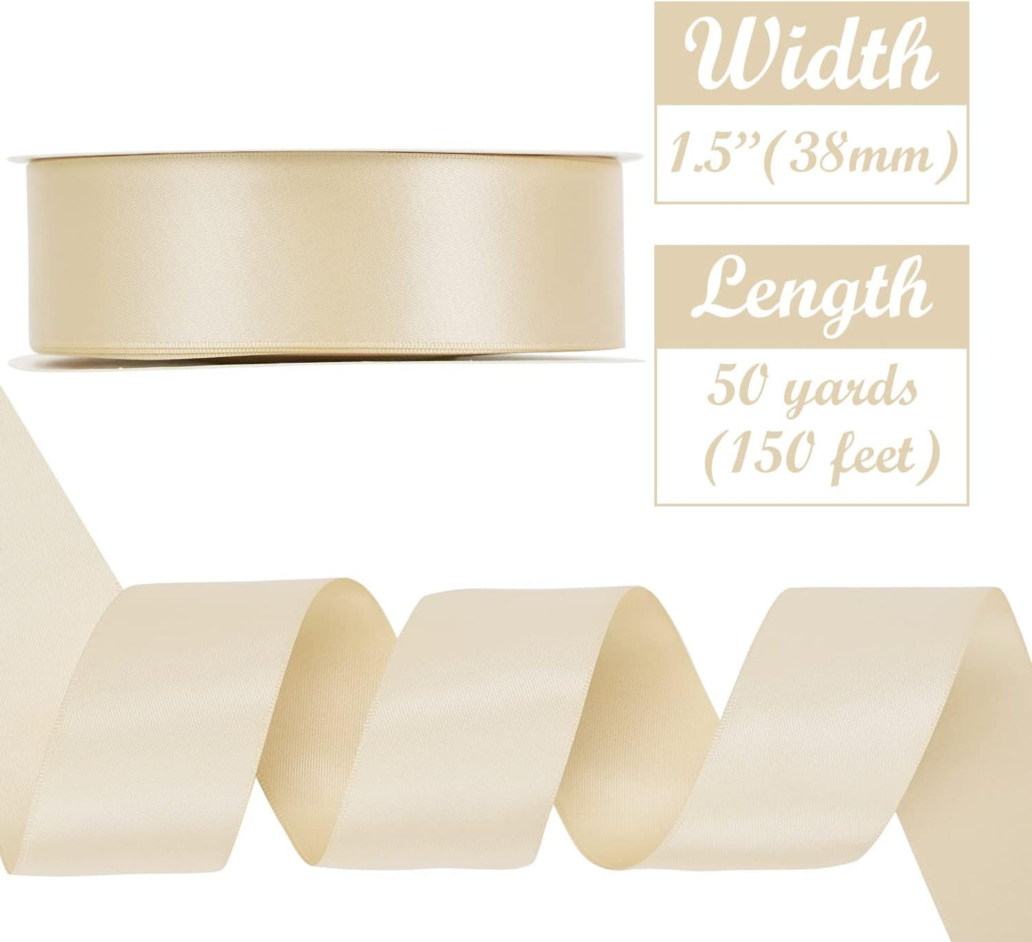 HUIHUANG Champagne Ribbon - Double Face 1.5 inch Wide Satin Ribbon, 50 Yards Silk Satin for Gift Wrapping, Hair Bows, Floral Bouquet, Wedding Invitation Decor, Party Favor Craft Supplies